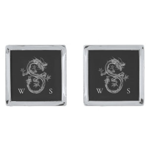 Black and White Vintage Dragon Monogram Initial Cufflinks