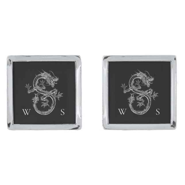 Black and White Vintage Dragon Monogram Initial Cufflinks (Front)