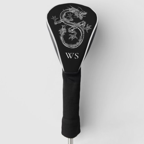 Black and White Vintage Dragon Monogram Initial Golf Head Cover