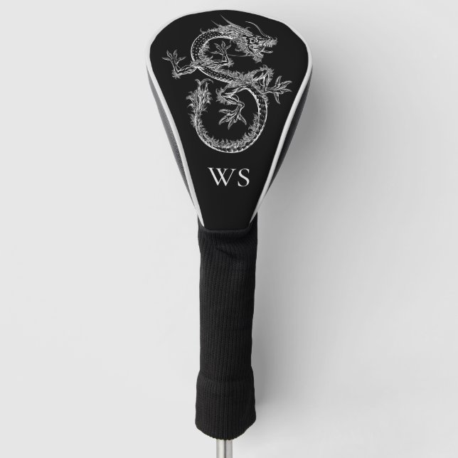 Black and White Vintage Dragon Monogram Initial Golf Head Cover (Front)