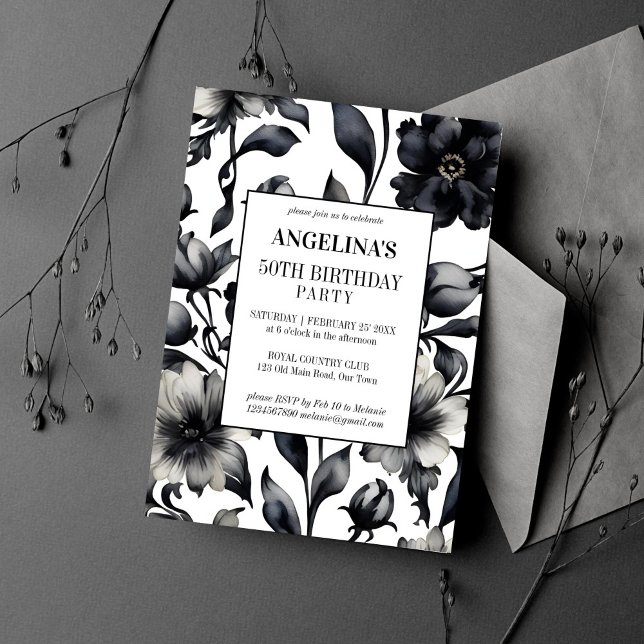 Black and white vintage elegant birthday party invitation (Black and white vintage flower elegant birthday party editable template invitation digital download )