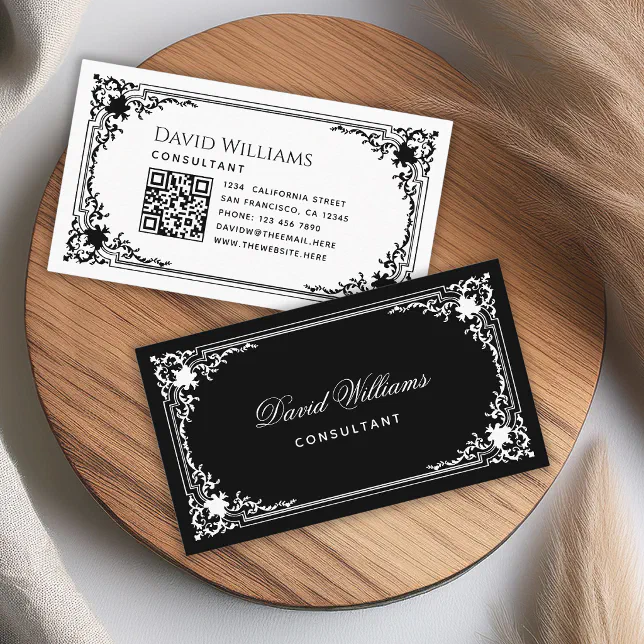 Black and White Vintage Elegant QR Code and Script Business Card | Zazzle