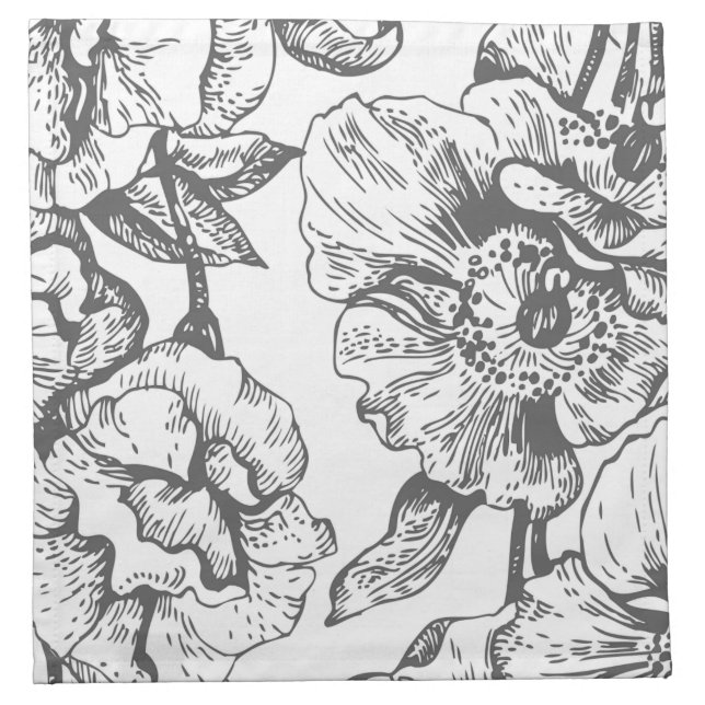 Black and White Vintage Floral Cloth Napkins (Front)
