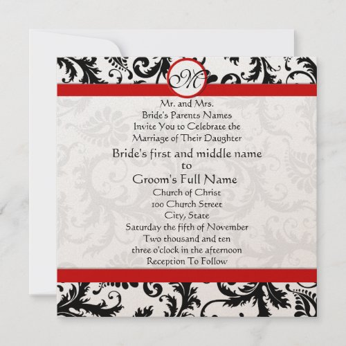 Black and White Vintage Floral Damask Wedding Invitation