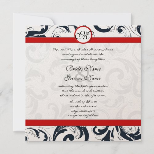 Black and White Vintage Floral Damask Wedding Invitation