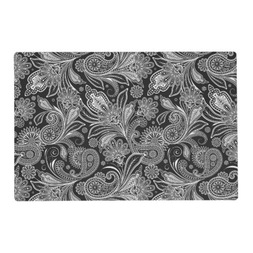 Black and white vintage floral paisley pattern placemat