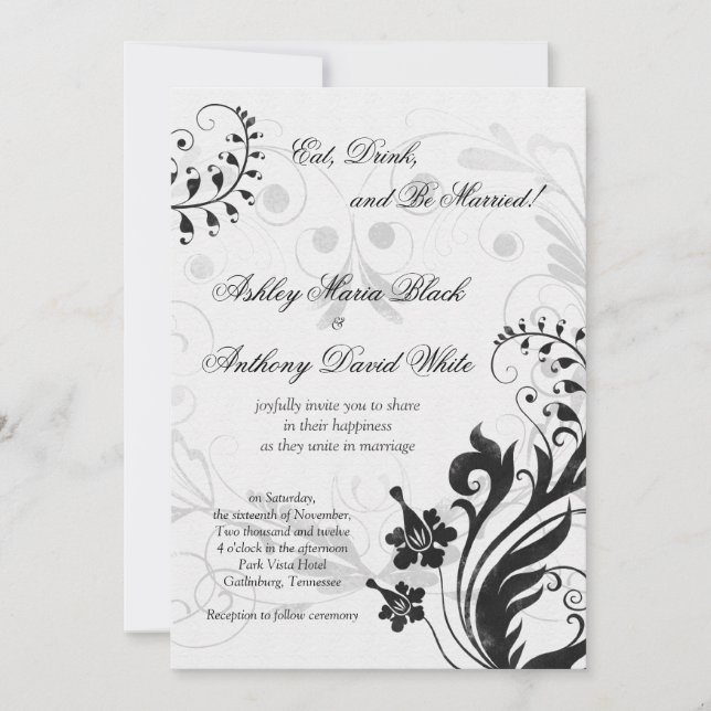 Black and White Vintage Floral Wedding Invitation (Front)
