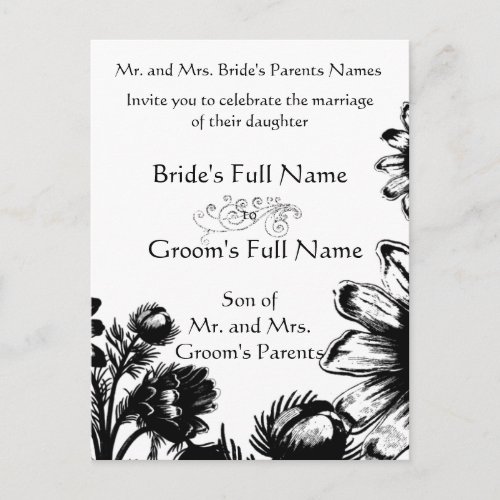 Black and White Vintage Floral Wedding Invitation Postcard