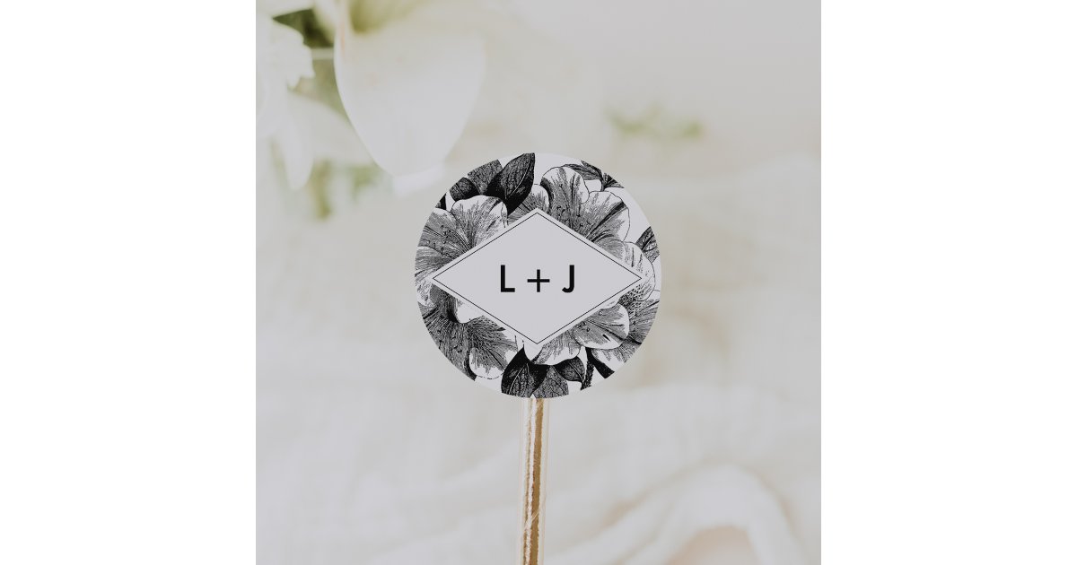 Black and White Vintage Floral Wedding Monogram Classic Round Sticker ...