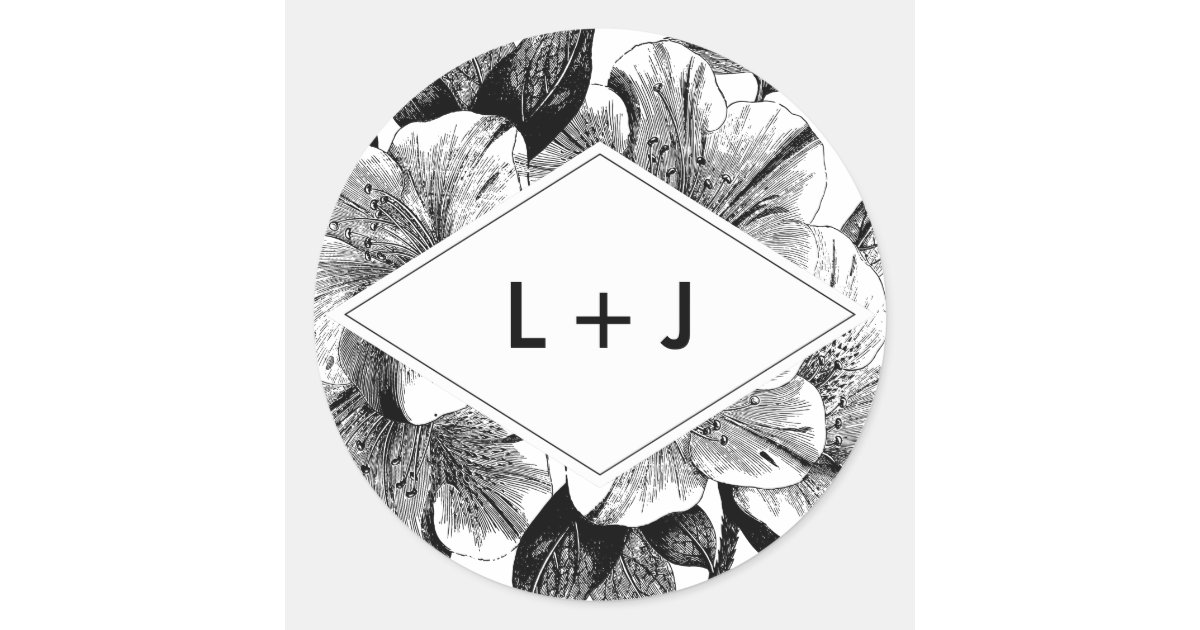 Black and White Vintage Floral Wedding Monogram Classic Round Sticker ...