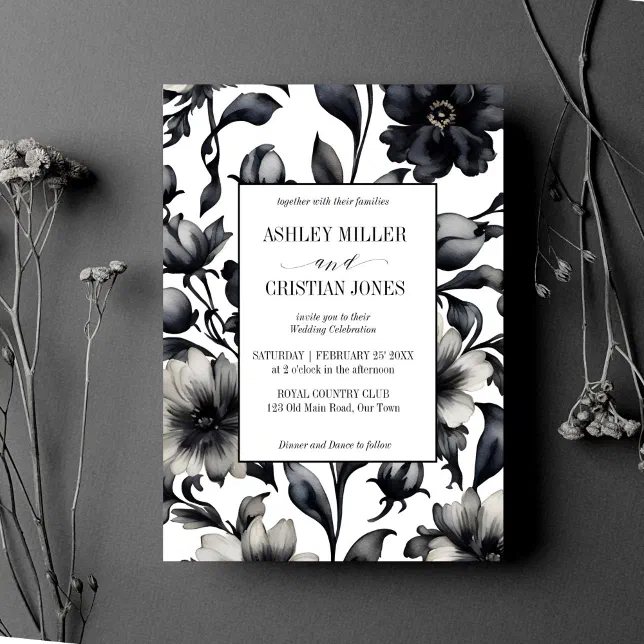 Black and white vintage flowers elegant wedding invitation | Zazzle