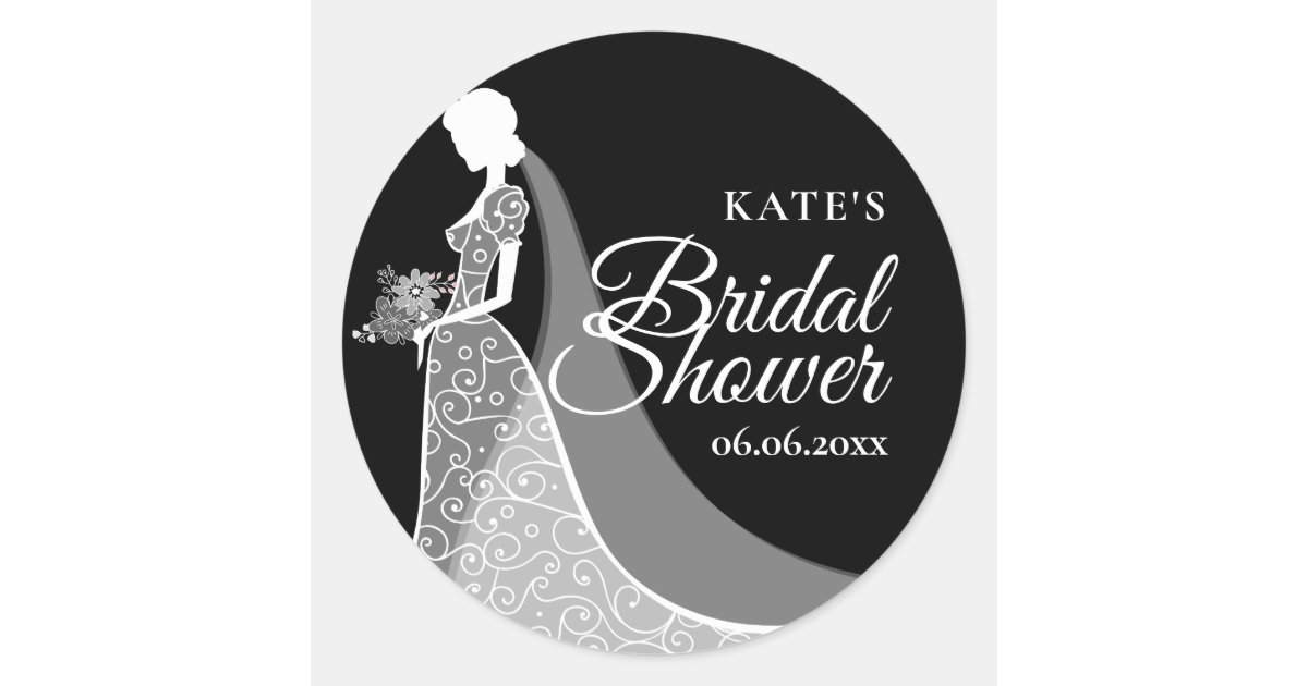 Black and White Vintage Lace Gown Bridal Shower Classic Round Sticker ...