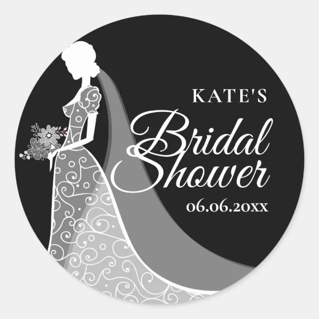 Black and White Vintage Lace Gown Bridal Shower Classic Round Sticker ...
