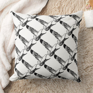 Black and White Vintage Modern Floral Bird Pattern Throw Pillow