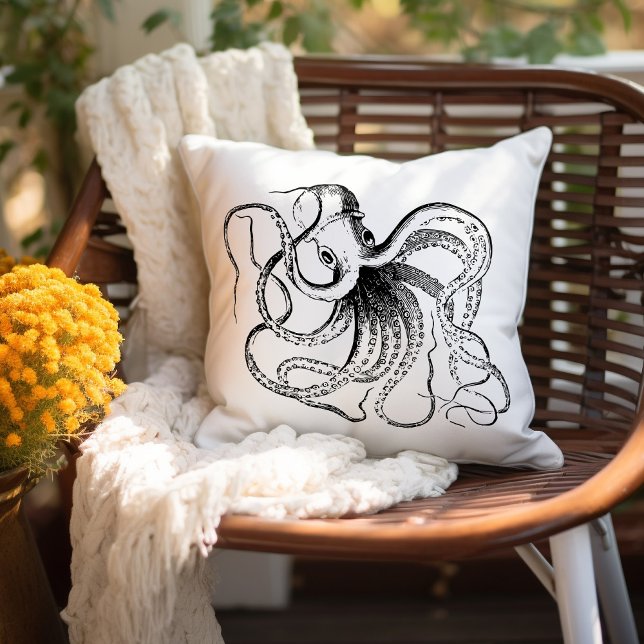 Black and White Vintage Octopus Throw Pillow (Creator Uploaded)