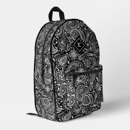 Black and white vintage paisley pattern monogram printed backpack