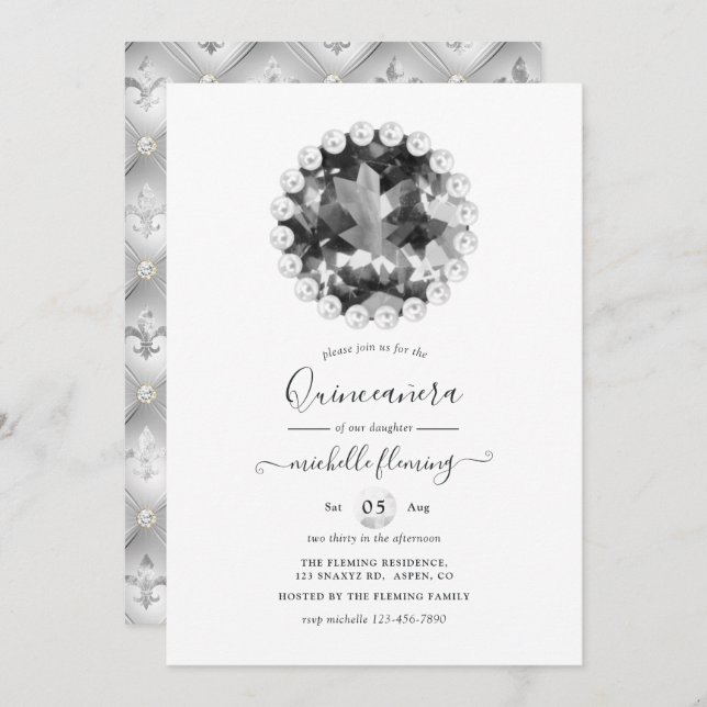 Black and White Vintage Quinceañera Invitation (Front/Back)