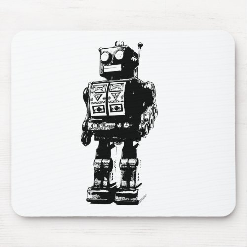 Black and White Vintage Robot Mouse Pad