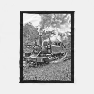 Black and White Vintage Steam Train Engine Fleece Blanket