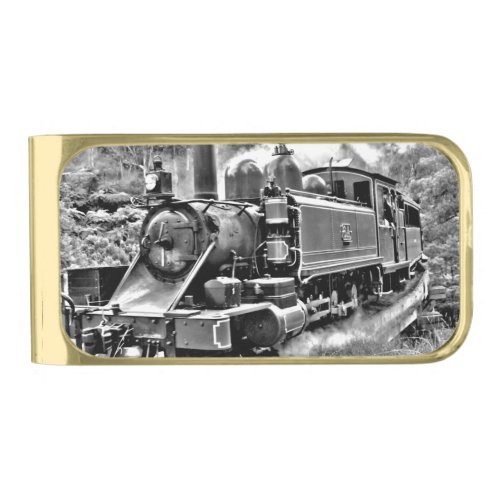 Black and White Vintage Steam Train Engine Gold Finish Money Clip