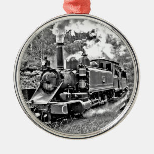 Black and White Vintage Steam Train Engine Metal Ornament