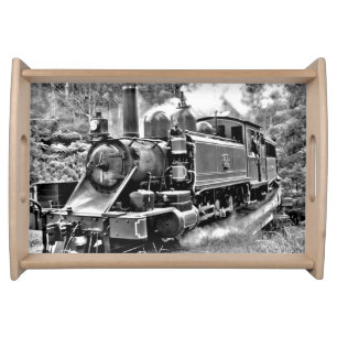 Black and White Vintage Steam Train Engine Serving Tray