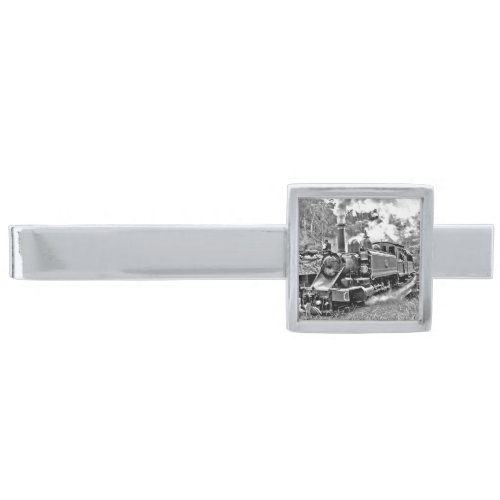 Black and White Vintage Steam Train Engine Silver Finish Tie Clip