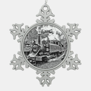 Black and White Vintage Steam Train Engine Snowflake Pewter Christmas Ornament