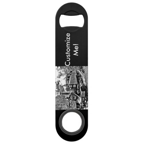 Black and White Vintage Steam Train Engine Speed Bottle Opener