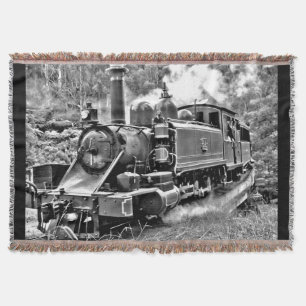 Black and White Vintage Steam Train Engine Throw Blanket