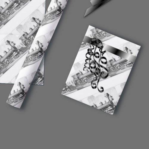 Black and White Vintage Steam Train Illustration Wrapping Paper