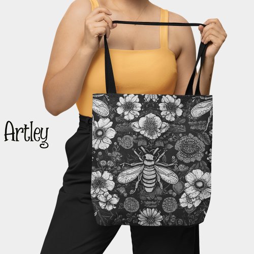 Black and White Vintage Style Floral Bees  Tote Bag