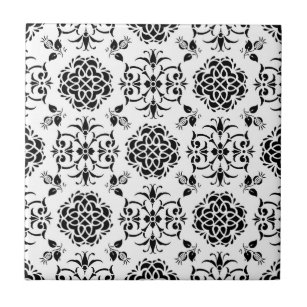Black and White Vintage Style Floral Damask Ceramic Tile