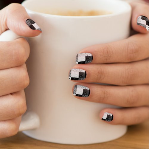 black and white vintage style patchwork fabric minx nail art