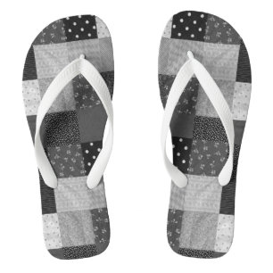 black and white vintage style patchwork flip flops