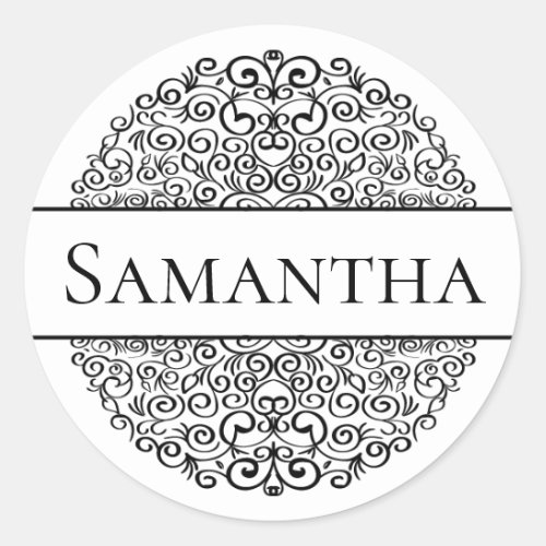 Black and White Vintage Swirl Book Name Plate Classic Round Sticker