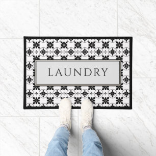 Black and White Vintage Tile Design Laundry Room Doormat