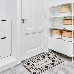 Black and White Vintage Tile Design Laundry Room Doormat