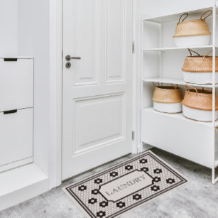 Black and White Vintage Tile Design Laundry Room Doormat
