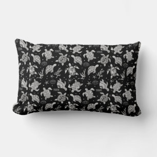 black and white vintage turtle pattern lumbar pillow