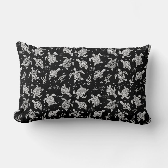 black and white vintage turtle pattern lumbar pillow (Front)