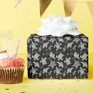 black and white vintage turtle pattern wrapping paper