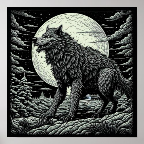Black and white Vintage Werewolf Ai Art Poster