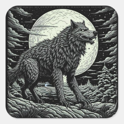 Black and white Vintage Werewolf Ai Art Square Sticker