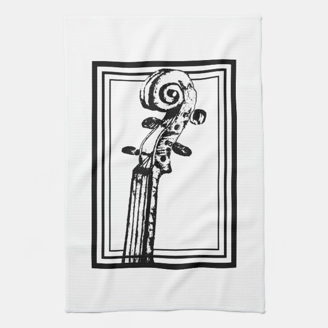 Black and White Violin Scroll with Black Outlines Kitchen Towel (Vertical)