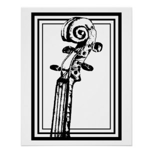 Black and White Violin Scroll with Black Outlines  Poster
