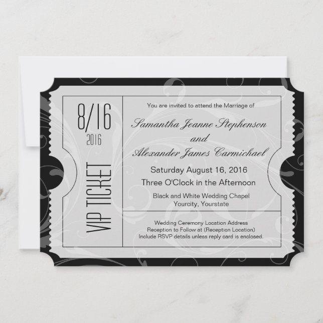 Black and White VIP Wedding Ticket Invitations (Front)