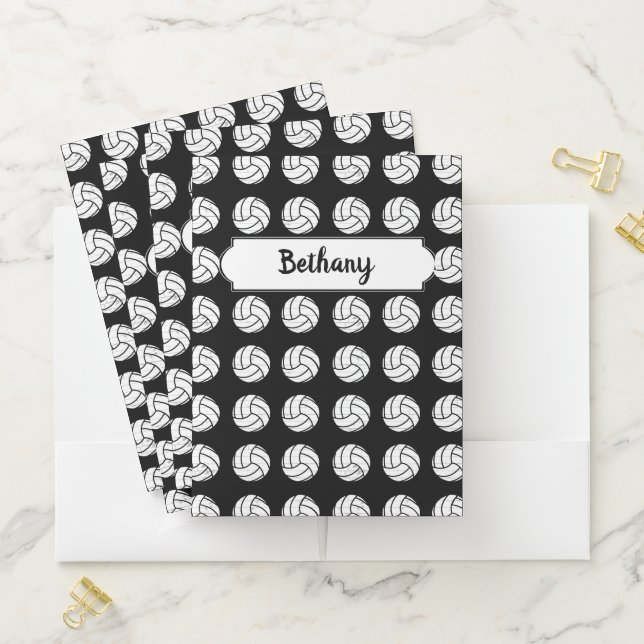 Black and White Volleyball Pattern Pocket Folder (In Situ)