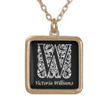 Black and White W Monogram Initial Personalized Gold Plated Necklace