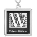 Black and White W Monogram Initial Personalized Silver Plated Necklace